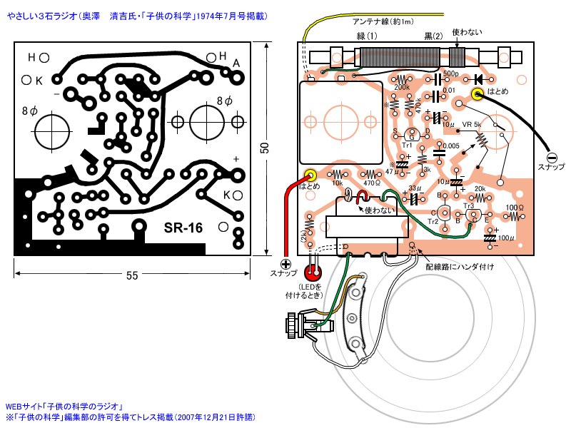 やさしい３石ラジオ プリント基板
