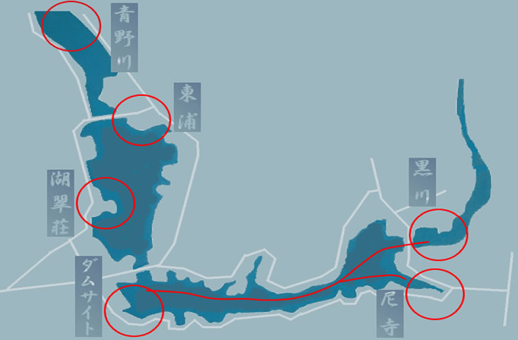 青野ダムの釣り場（地図）