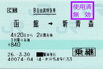 函館から新青森までの自由席特急券