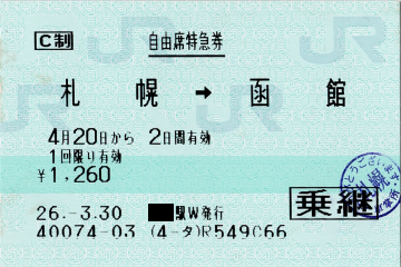 札幌から函館までの自由席特急券