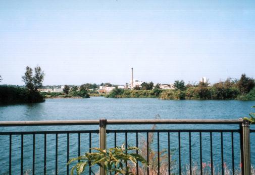 池の向こうに製糖工場の煙突